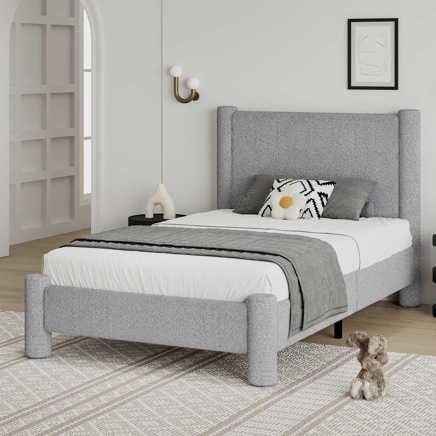 REVOMINCA Twin Size Bed Frame, Boucle Upholstered Platform Bed with Headboard and Footboard, Soft Rounded Corners, No Box Spring Required, Easy Assembly, Light Grey