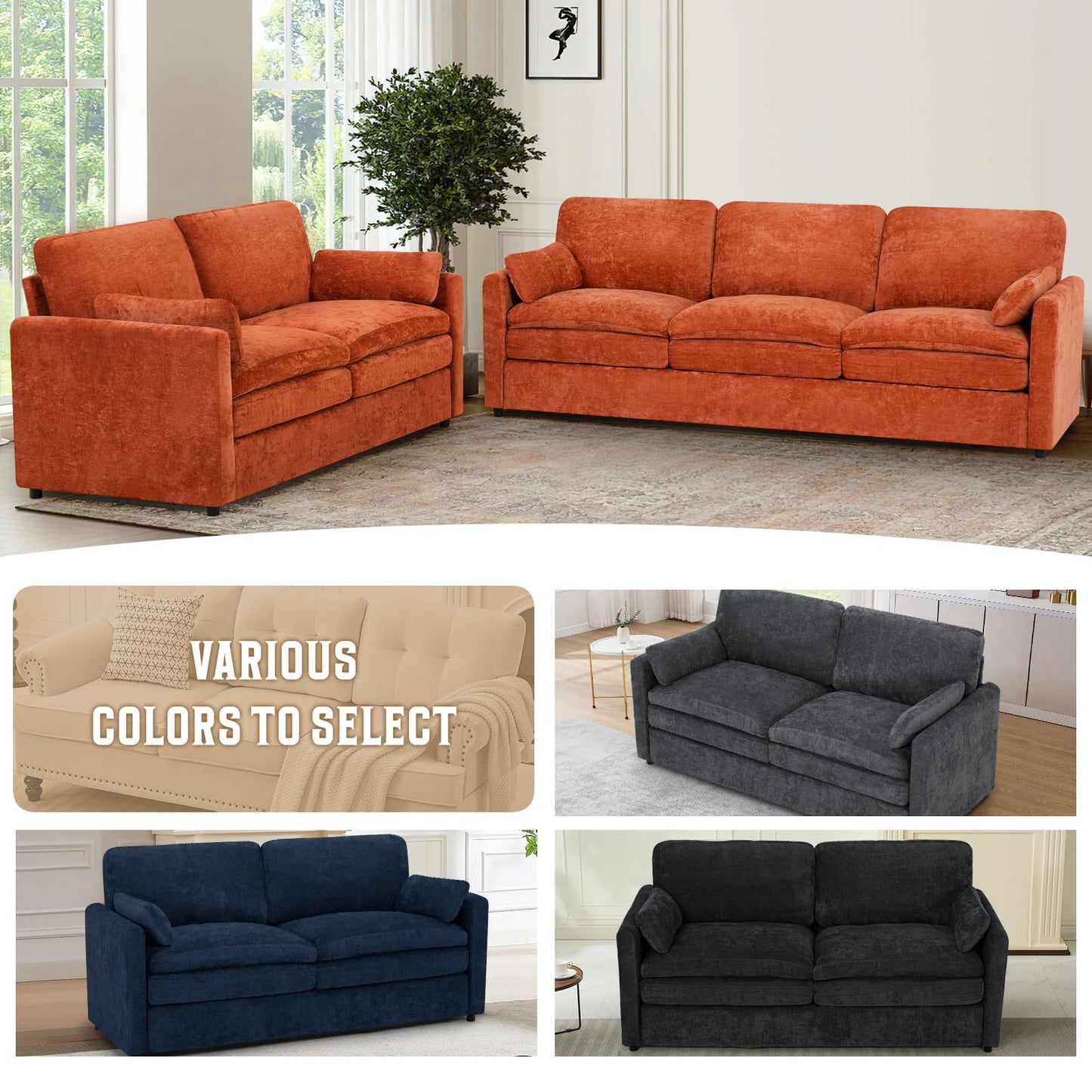 Lesofair 69" Chenille Modern Couch with Cozy & Soft Backrests, 2 Seats Sofa with 2 Extra Pillows, Comfy Upholstered Sofa with Thicker Cushions for Living Room, Office, Orange
