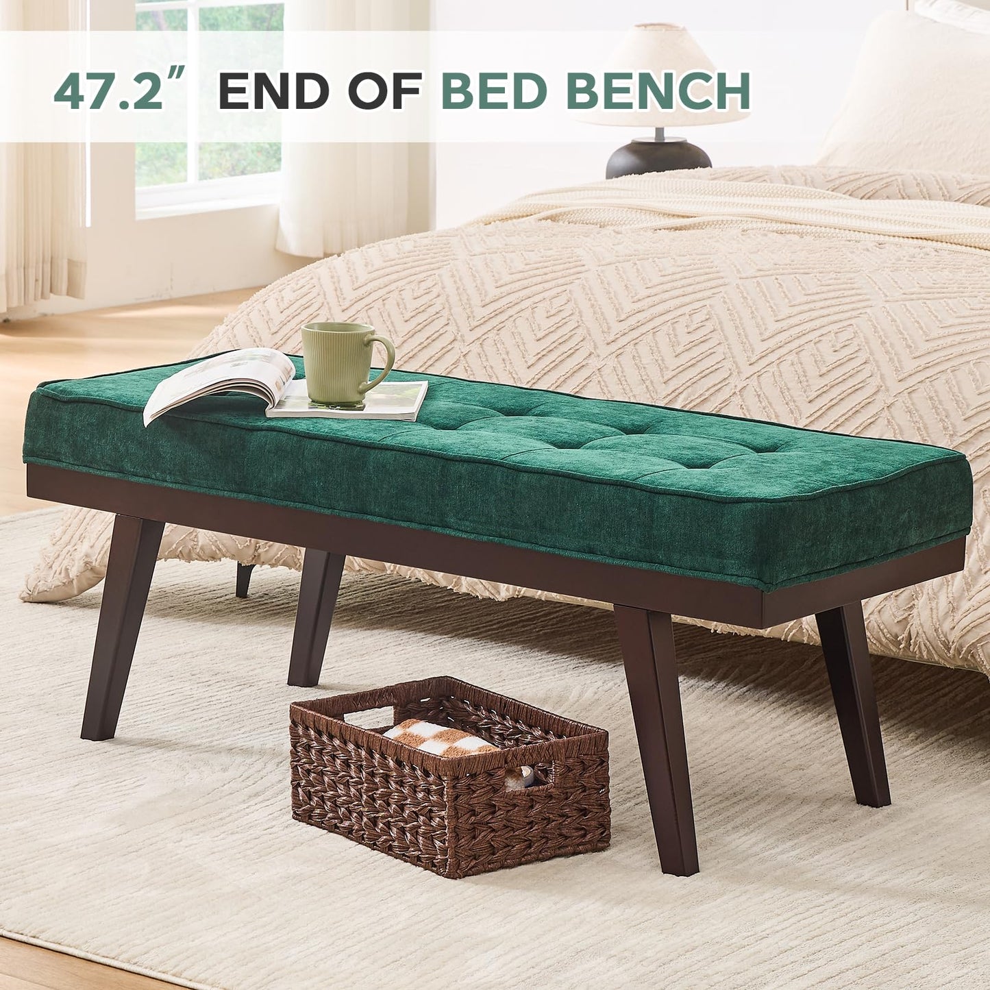 Entryway Bench, 47.2" End of Bed Bench, Chenille Benches for Bedroom Ottoman Bench with Padded Seat, Tufted Upholstered Indoor Bench with Rubber Wood Legs for Living Room, Mudroom, Hallway, Green