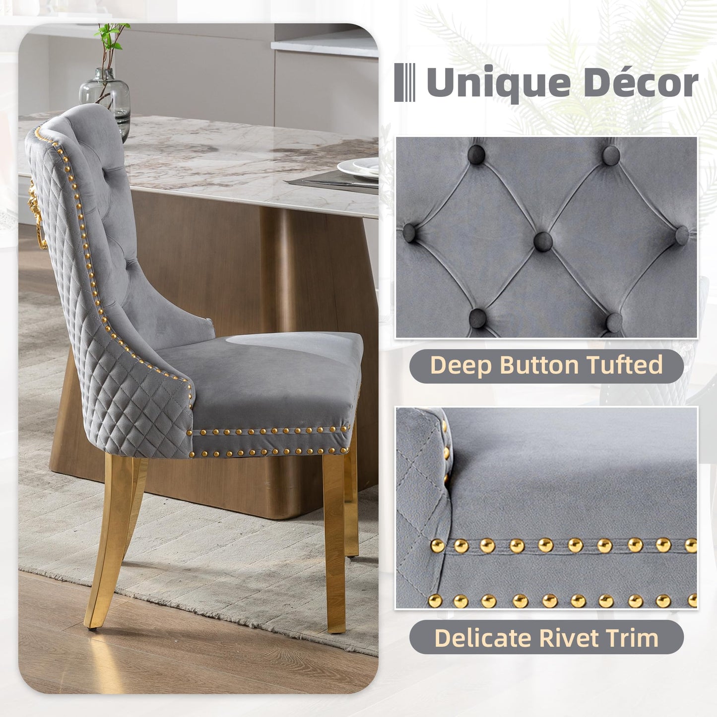 GOOLON Velvet Dining Chairs Set of 4, Upholstered Dining Room Chairs, Mid-Century Modern Chairs with Diamond Lattice Tufted Back, Lion Pull Ring Rivet Trim, Golden Metal Legs for Kitchen, Light Grey