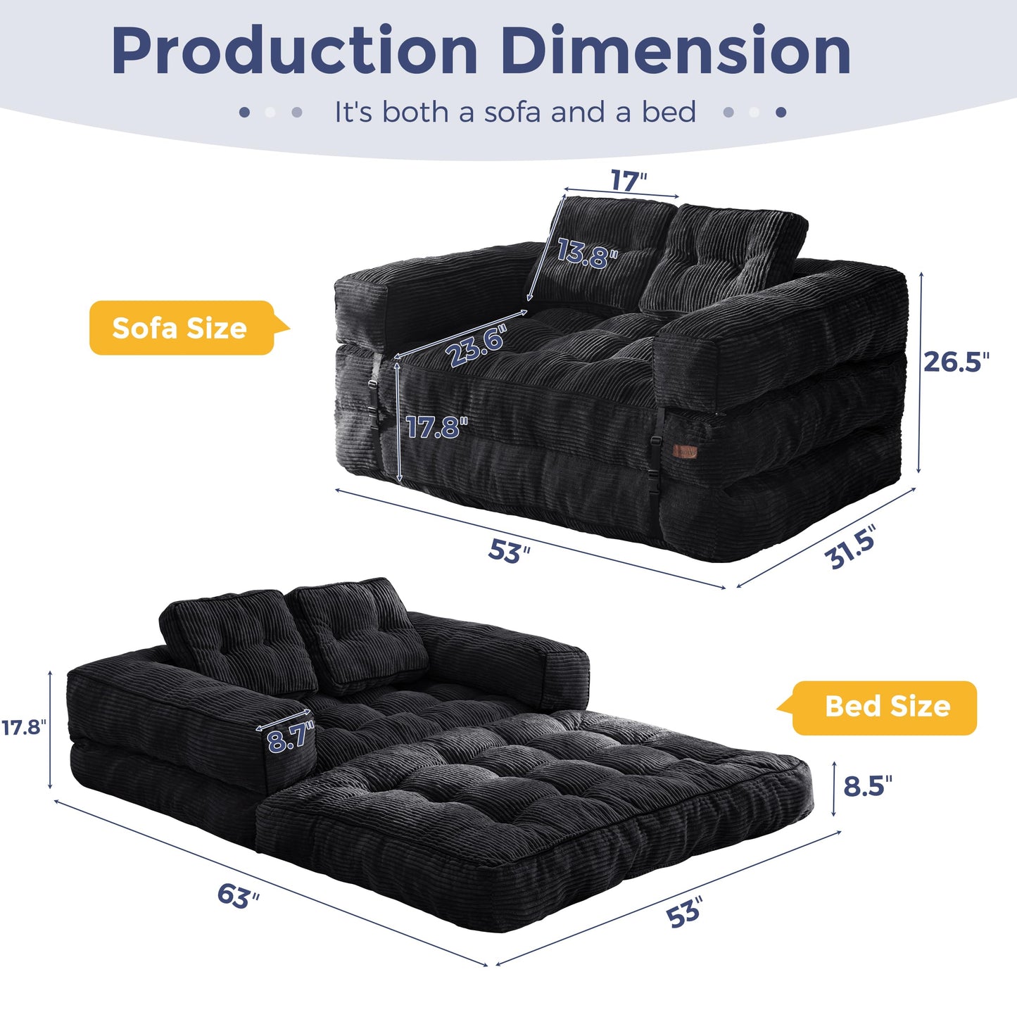 MAXYOYO Folding Sofa Bed, L-Shaped Convertible Sofa Bed with Armrest Foldable Sleeper Couch with Pillow, Portable Fold Out Chair Comfy Floor Couch Lounge for Living Room Bedroom, Black, Double