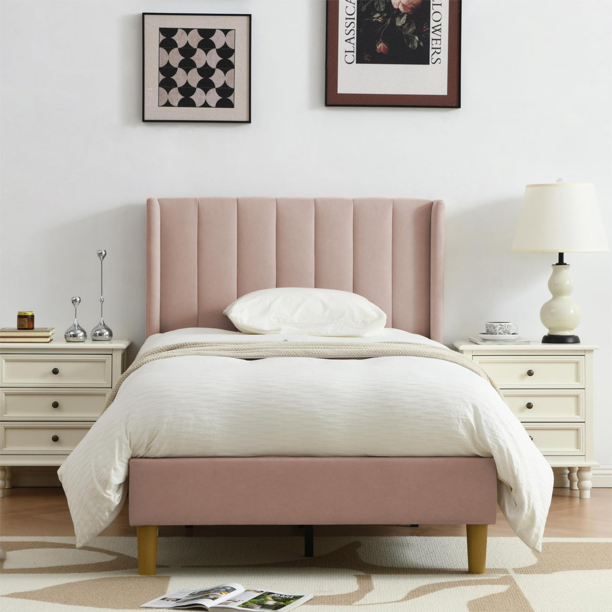 YUHUASHI Twin Size Bed Frame, Upholstered Bed Frame with Modern Geometric Wingback Headboard, Linen Fabric, Platform Bed Frame with Wooden Slats, Easy to Assemble and Noiseless (Beige, Twin)