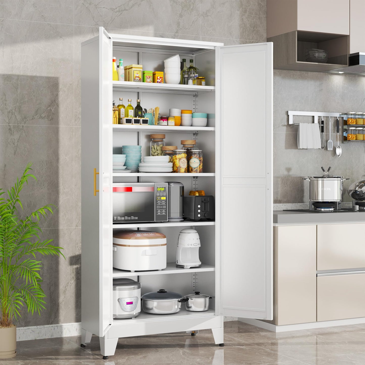 RISTERN White Metal Storage Cabinet,75" Steel Cabinets for Home Office, Kitchen Pantry Storage Cabinet with Doors and 5 Adjustable Shelves, Tool Cabinets, for Office, Home, Garage, School