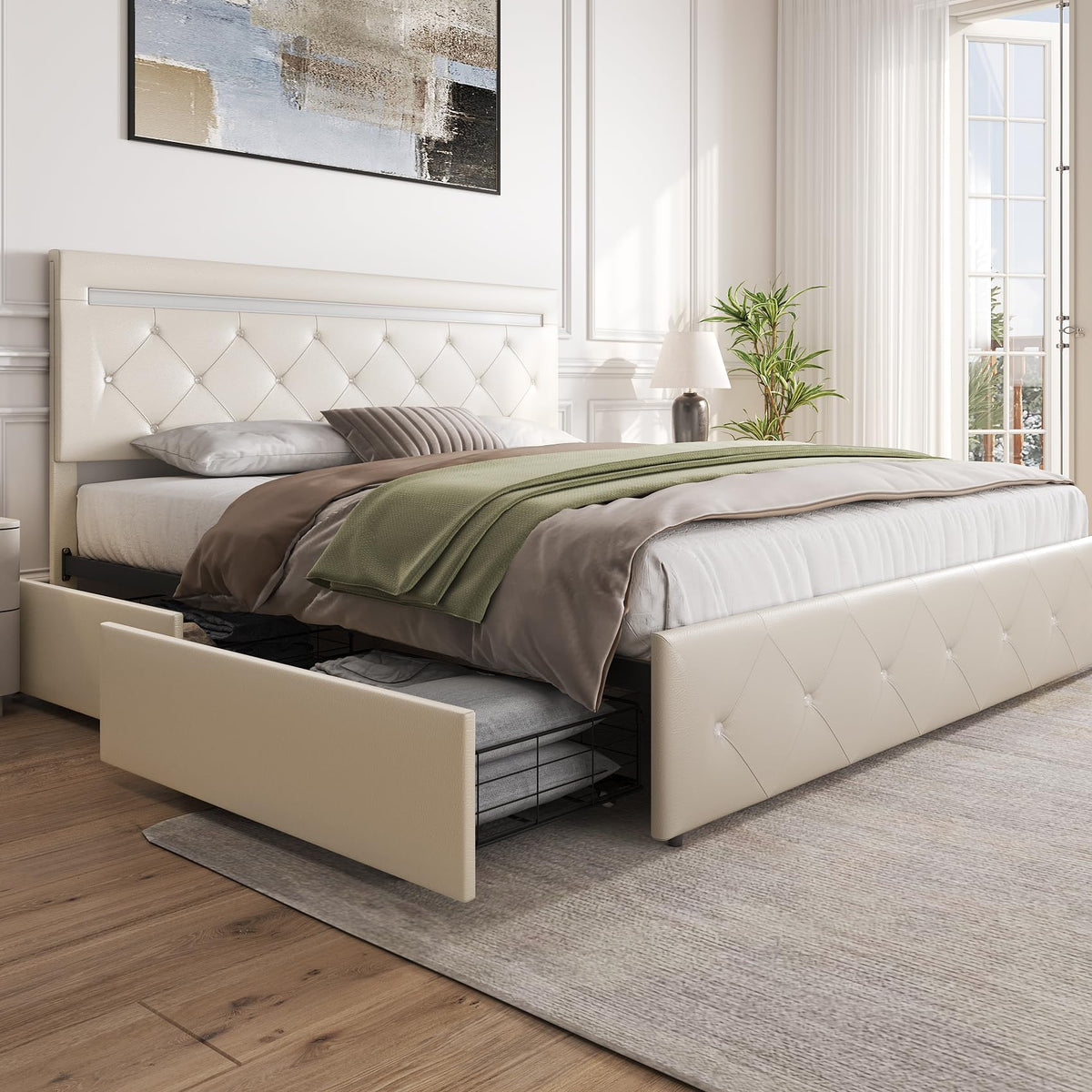 Benevika Full Size Bed Frame with 4 Drawers and LED Light, Charge Station, PU Leather Upholstered Platform Storage Bed with Adjustable Headboard, Wooden Slats Support, No Box Spring Needed, White