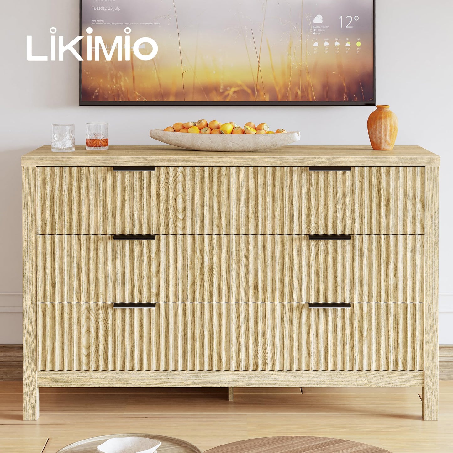 LIKIMIO Fluted 6 Drawers Dresser for Bedroom, 47" Wide Modern Chest of Drawers Closet Dressers, Wooden Dresser Storage Organizer for Living Room, Entryway, Hallway, Natural Oak
