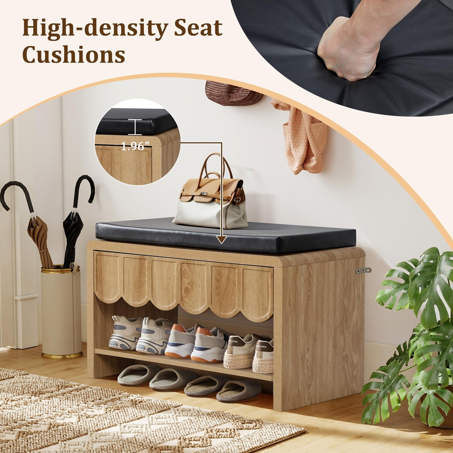 Shoe Storage Bench with Cushion, Shoe Rack Organizer Cabinet Bench with Wave Panel Drawer and Open Shelf for Entryway, Hallway, Living Room (Natural)