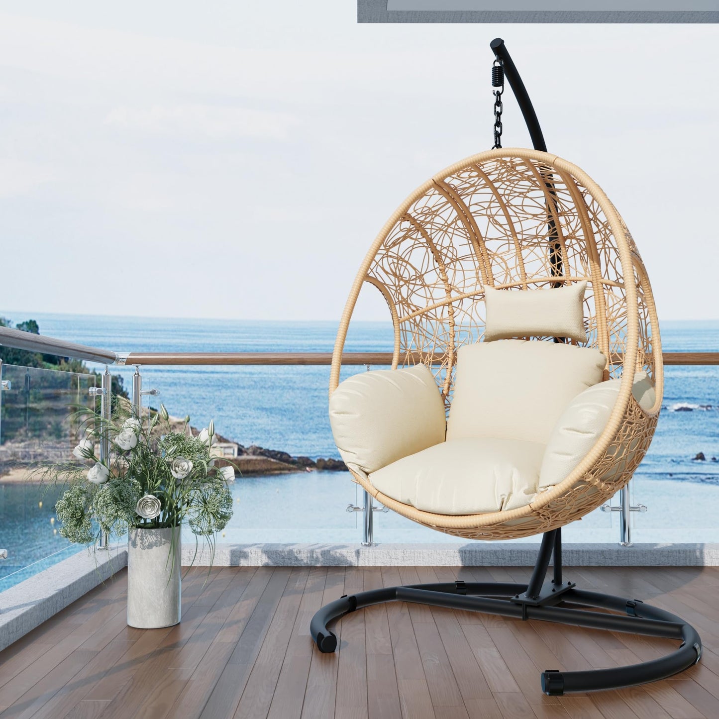 LUTINLIX Oversized Hanging Egg Chair Outdoor Indoor, Wicker Swing Egg Chair with Stand 400lbs Capacity for Bedroom, Patio, Garden and Balcony (Beige-nest, Oversize)