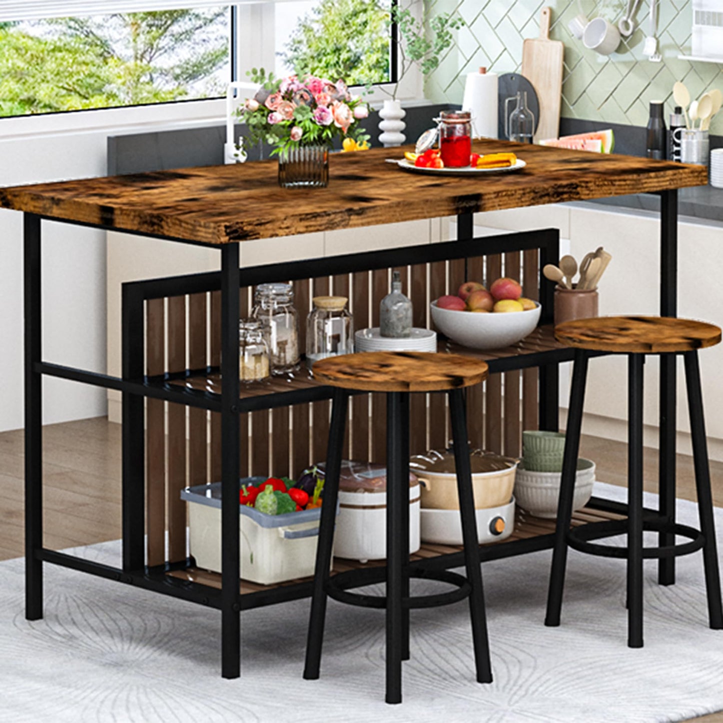 DKLGG Kitchen Island with Seating & Storage, Farmhouse Dining Table Set for 2, Space-Saving 3 Piece Dining Set Table & Chairs Island Table for Kitchen, Apartment, Dining Room, Rustic Brown