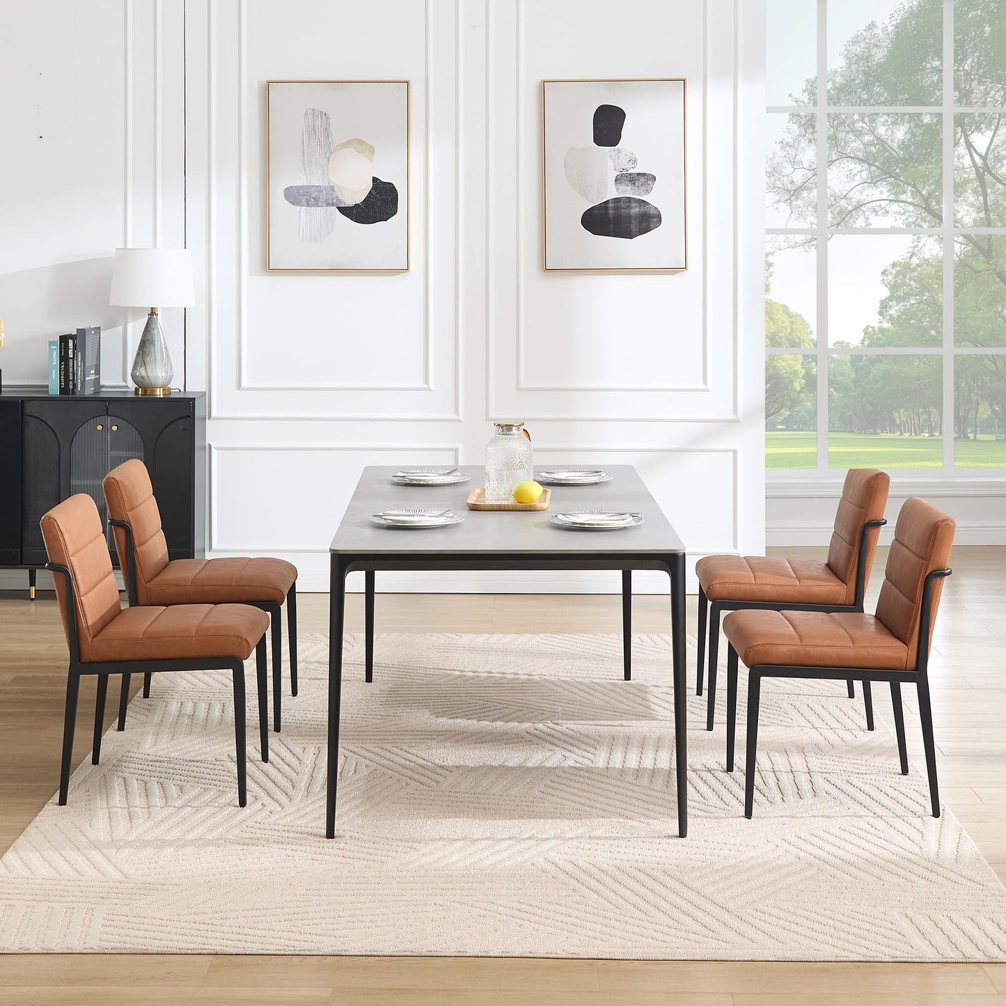 Flouki Modern Dining Chairs Set of 4, Faux Leather Kitchen Chairs with Wide Seating, Upholstered Dinner Chairs for Kitchen Dining Room with Thick Foam Padded on Backs, Sturdy Metal Legs, Brown