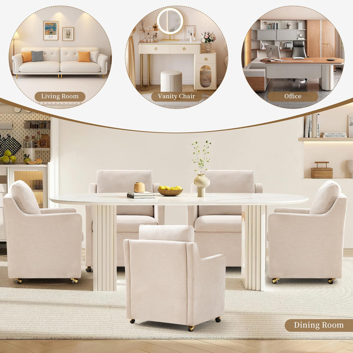 VIKAYAMICS Modern Dining Chair, Linen Upholstered Dining Chairs with Back Pillow and 4 Casters, Accent Armchair for Reading Room Living Room Bedroom