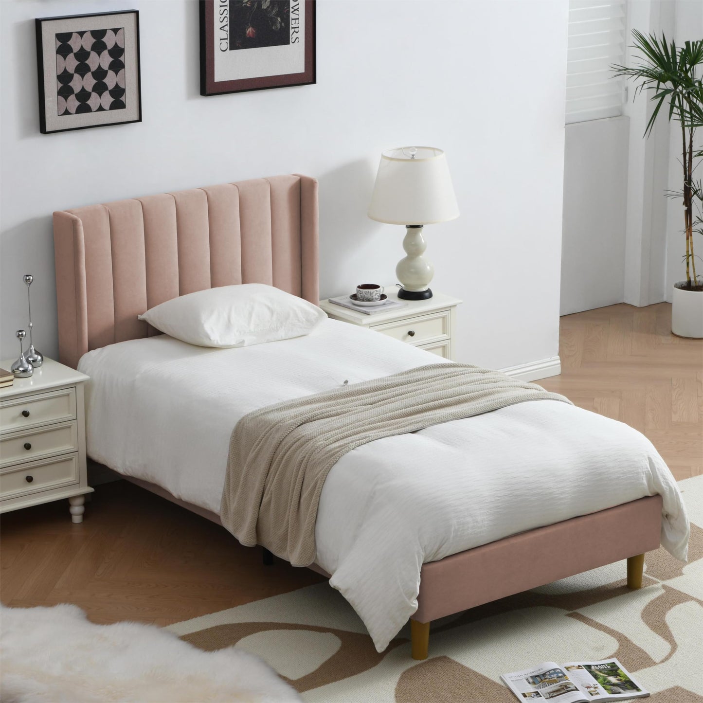 YUHUASHI Twin Size Bed Frame, Upholstered Bed Frame with Modern Geometric Wingback Headboard, Linen Fabric, Platform Bed Frame with Wooden Slats, Easy to Assemble and Noiseless (Beige, Twin)