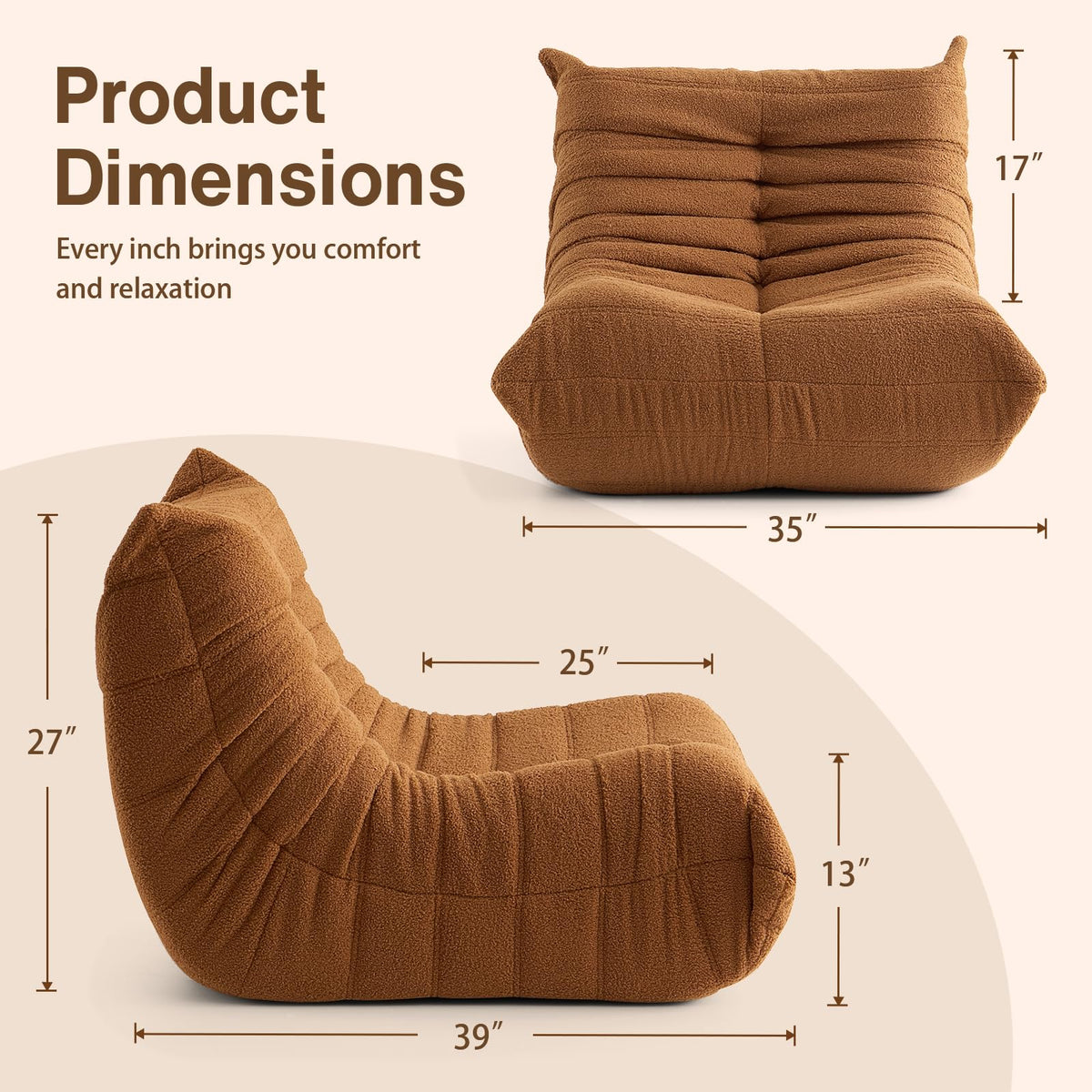 Giant Bean Bag Chairs for Adults - Lazy Floor Sofa Couch Single Seat - Fireside Lounger Chair with All-in-One Memory Foam - Beanbag Togo Sofa for Living Room Bedroom Dorm Office - Brown