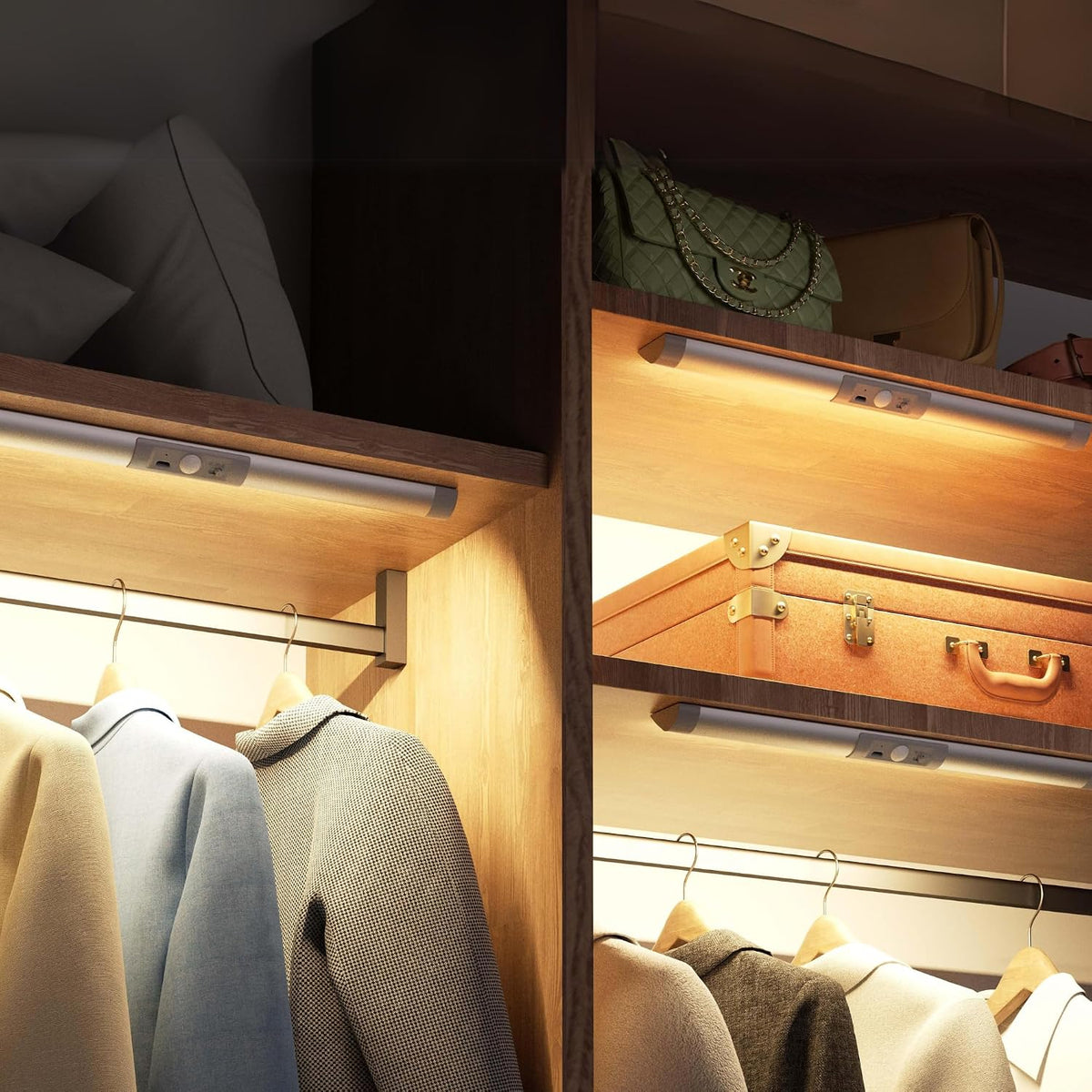 Joyzy Automatic Motion Sensor Closet Lighting with Eye-Protection Design, LED Closet Lights for Stair Step Wireless Light, Rechargeable Wardrobe Pantry Lights (2pack with Warm Lighting)