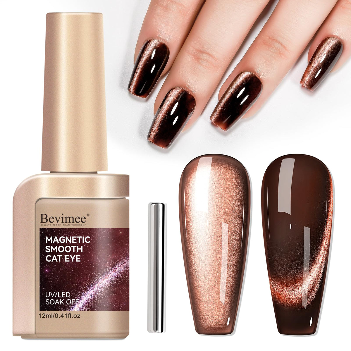 Bevimee Cat Eye Nail Polish Gel, Dark Brown, Moonlight Magnetic Gel Nail Polish With Magnet Stick, Glitter Holographic Shimmer UV Velvet Gel Nail Art Manicure Salon DIY Home, 12ML