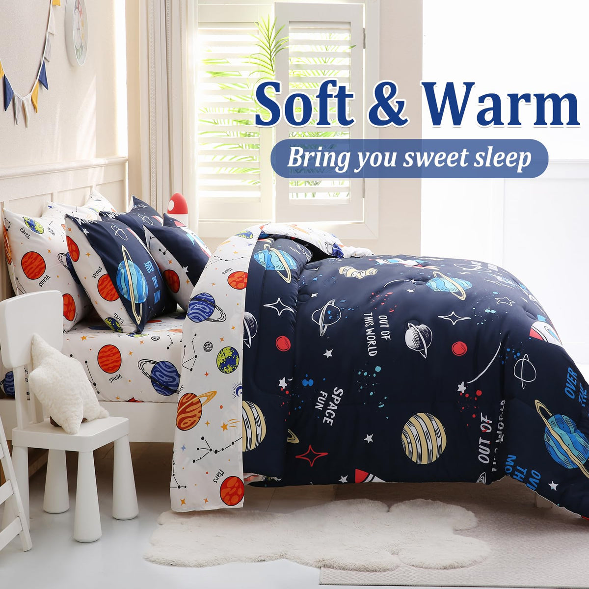 Tasselily 8 Piece Space Comforter Set Twin Size, Rocket Bed in a Bag Space Theme Bedding Sets for Boys Girls Kids