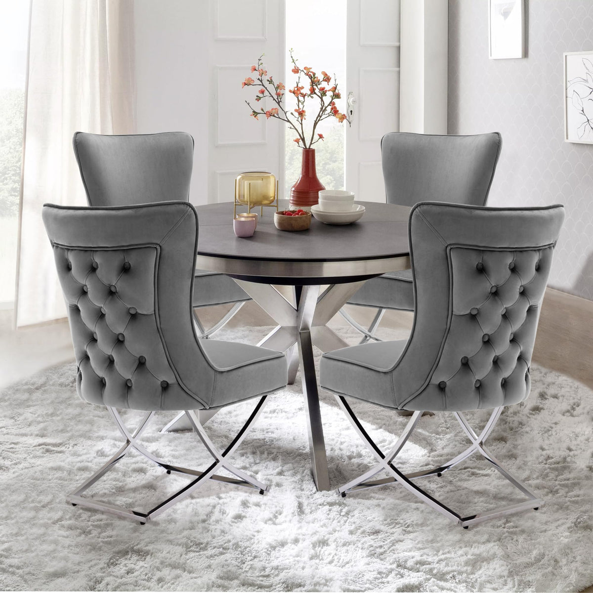 LOULENS Elegance Velvet Dining Chairs Set of 4, Luxurious Upholstered Tufted Dining Room Chairs, Glam Royal Velvet Accent Chairs with Stainless Steel Legs, Dark Grey