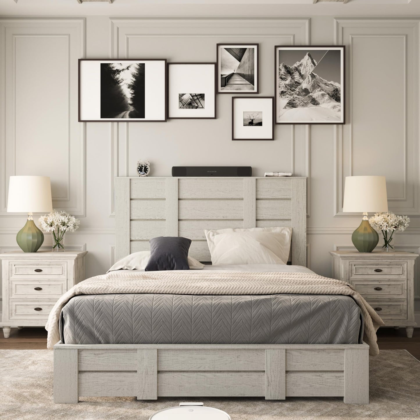 Mekminop Queen Size Wood Bed Frame with Tall Headboard & Footboard, Farmhouse Platform Bed with Solid Wood Slats Support, No Squeak, No Box Spring Needed (Beige Wood Grain)