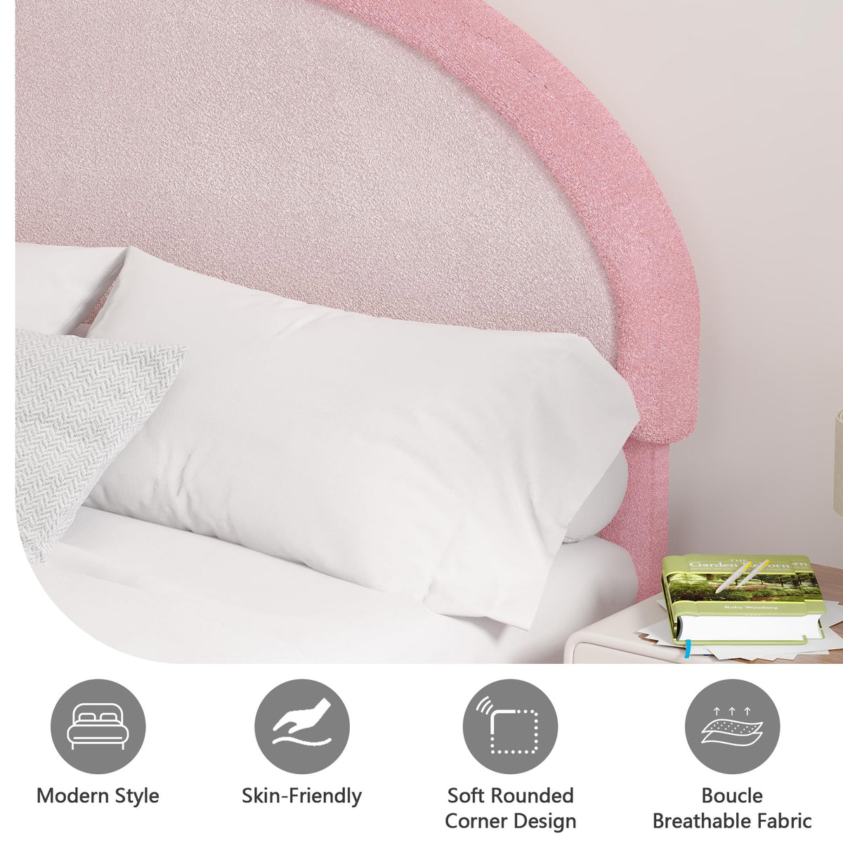 Twin Boucle Bed Frame, Boucle Upholstered Platform Bed Twin Size with Headboard, Pink Bed Frame for Girls Kids, Low Profile Bed, Rounded Corners, No Box Spring Needed, Dark Pink and Light Pink