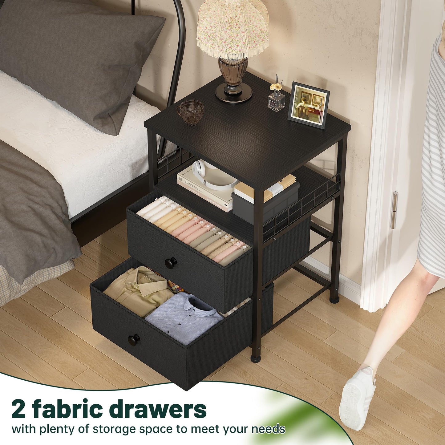 Nightstand Set of 2, 17.8"W Bedside Table with Fabric Drawers and Open Wood Shelf Storage, Safety Netting on Both Sides of Bedside Table,Night Stand for Bedroom,Closet, Hallway, Dorm,Black and Gray