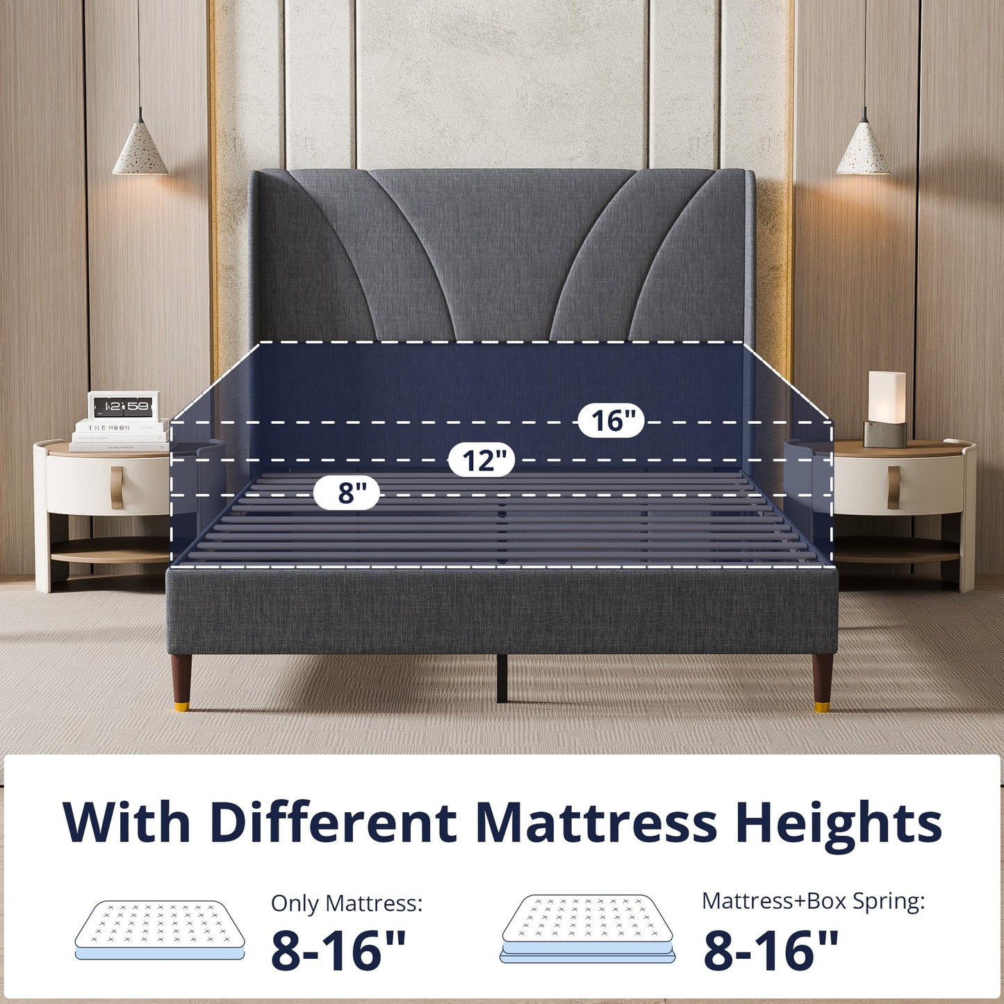Cozy Castle Queen Bed Frame with 51.2" Tall Curved Wingback Headboard, Linen Upholstered Platform Bed, Soft Fabric/Noise-Free/Wooden Slats Support/No Box Spring Needed/Easy Assembly, Gray