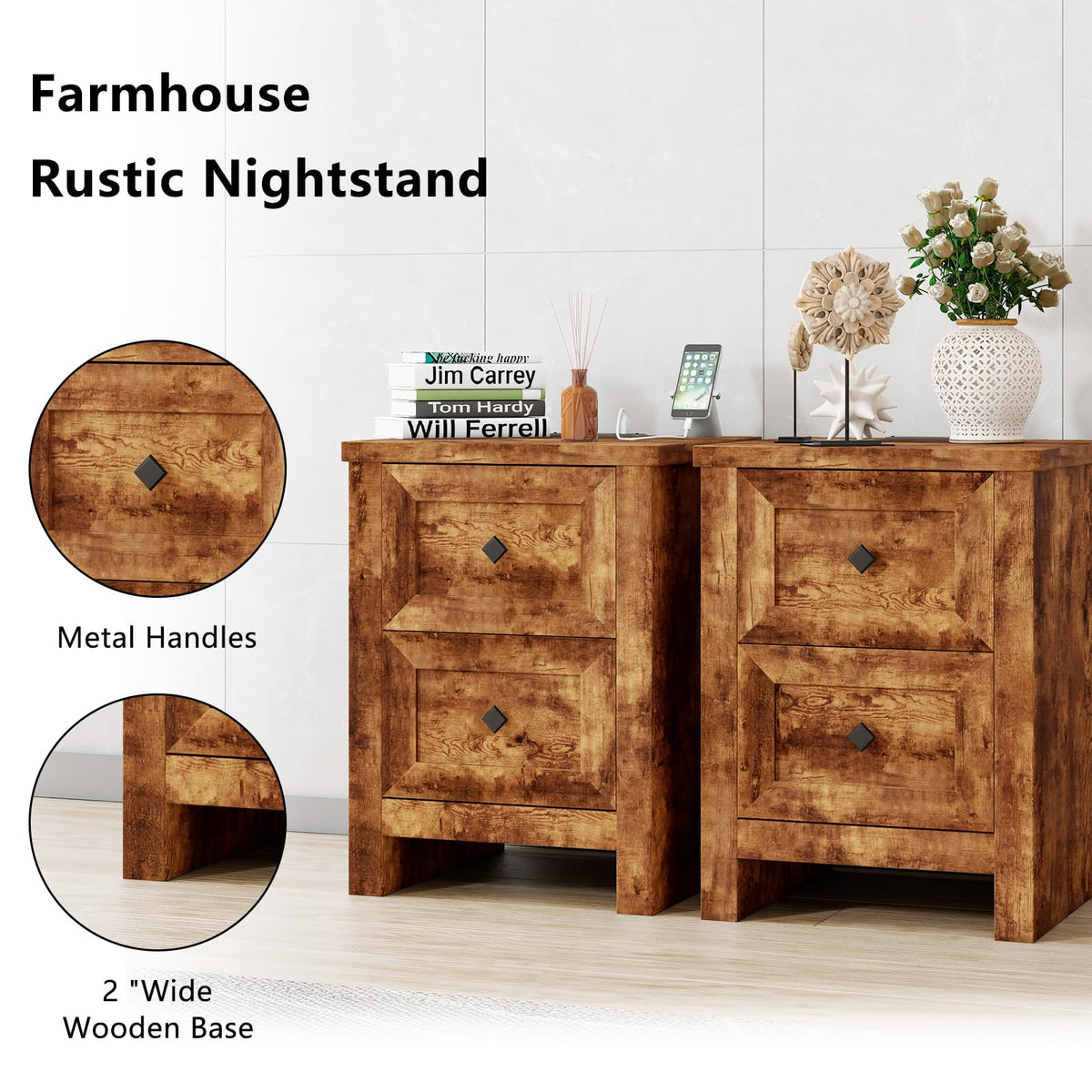 LUXOAK 3 Pieces Bedroom Sets, Includes King Size Lift Up Storage Platform Bed Frame, 2 Drawers Farmhouse Nightstand Set of 2 with Charging Station, No Box Spring Needed, Rustic Brown