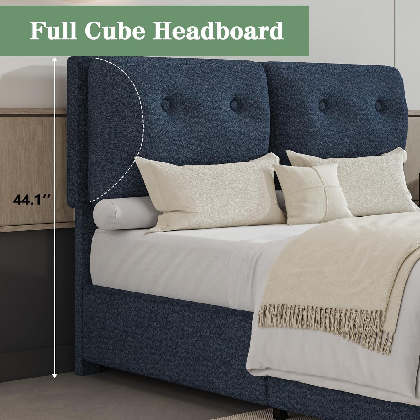 CHABUILDREARK Blue Twin Bed Frame, Upholstered Boucle Platform Bed with Headboard, Cloud Bed Frames with Soft Headboard, Wooden Slats Support, No Box Spring Needed, Easy Assembly, Navy Blue