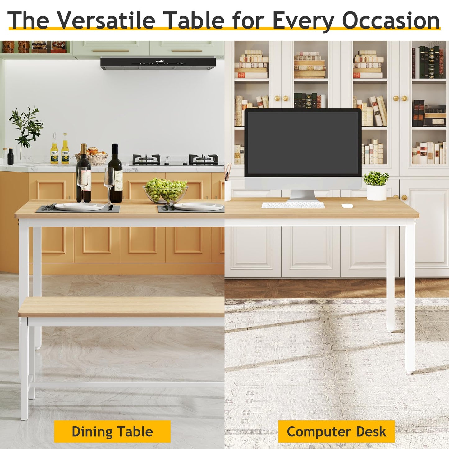 Rovibek 43" Dining Table Benches Set for 4, Modern Space Saving Kitchen Table Chairs & Adjustable Feet Breakfast Table 2 Benches, Wooden Industrial Style Farmhouse, White