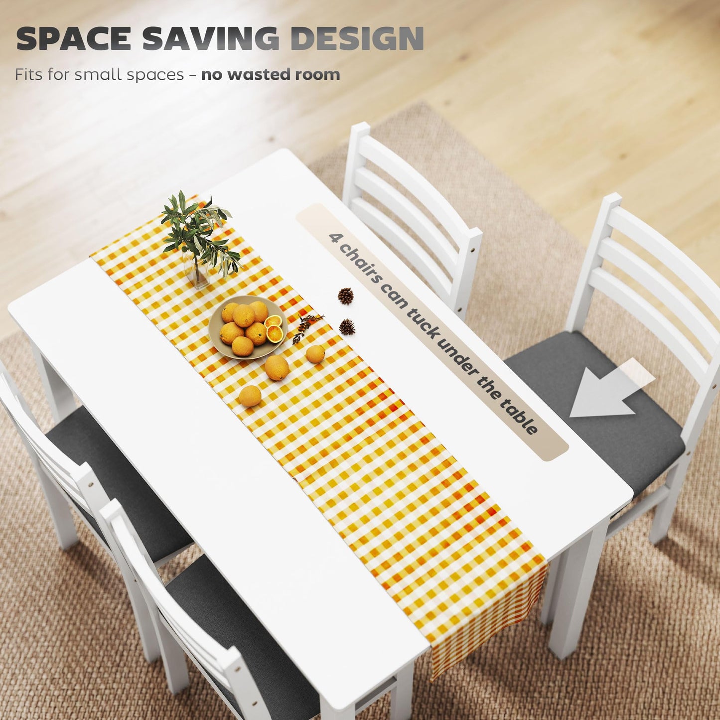 HOMCOM 5-Piece Dining Table Set for 4, Farmhouse Kitchen Table Set with 4 Upholstered Padded Chairs, Solid Wood Legs and Backrest for Small Space, Dining Room, Breakfast Nook, White