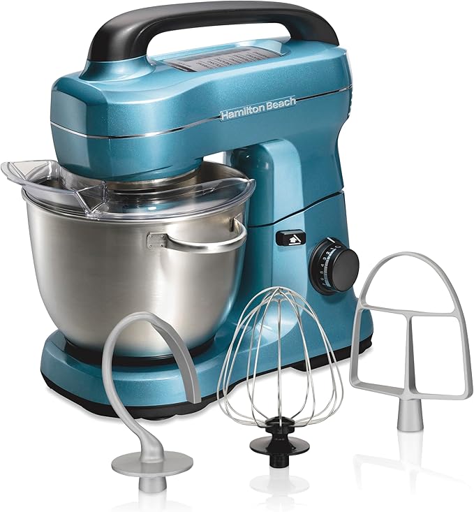 Hamilton Beach Electric Stand Mixer, 4 Quarts, Dough Hook, Flat Beater Attachments, Splash Guard, 7 Speeds with Whisk, Easy-Carry Top Handle, Blue