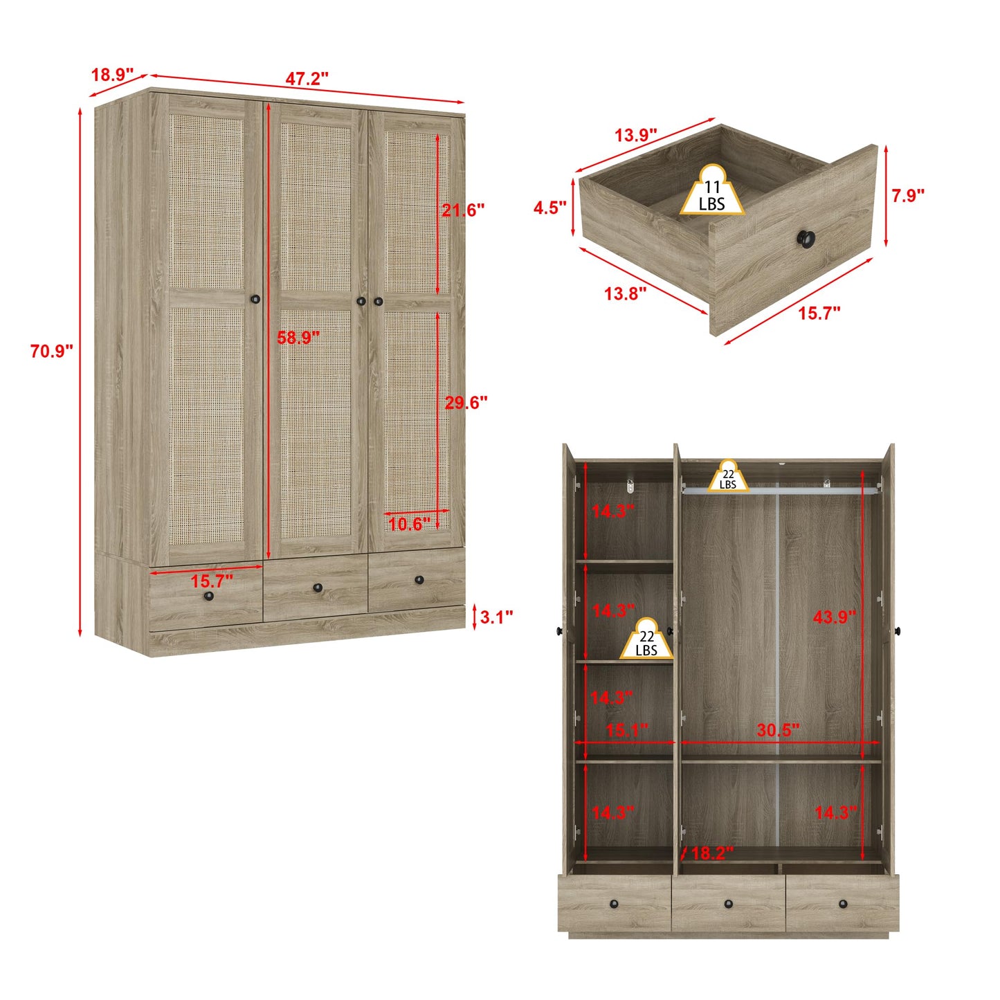 Hitow Ratten Wardrobe Armoire Closet, 3 Door Rattan Closet Wardrobe Cabinet with 3 Drawers & Hanging Rod, Storage Wardrobe Armoire Dresser for Bedroom Organizer (47.2" W x 18.9" D x 70.9" H)