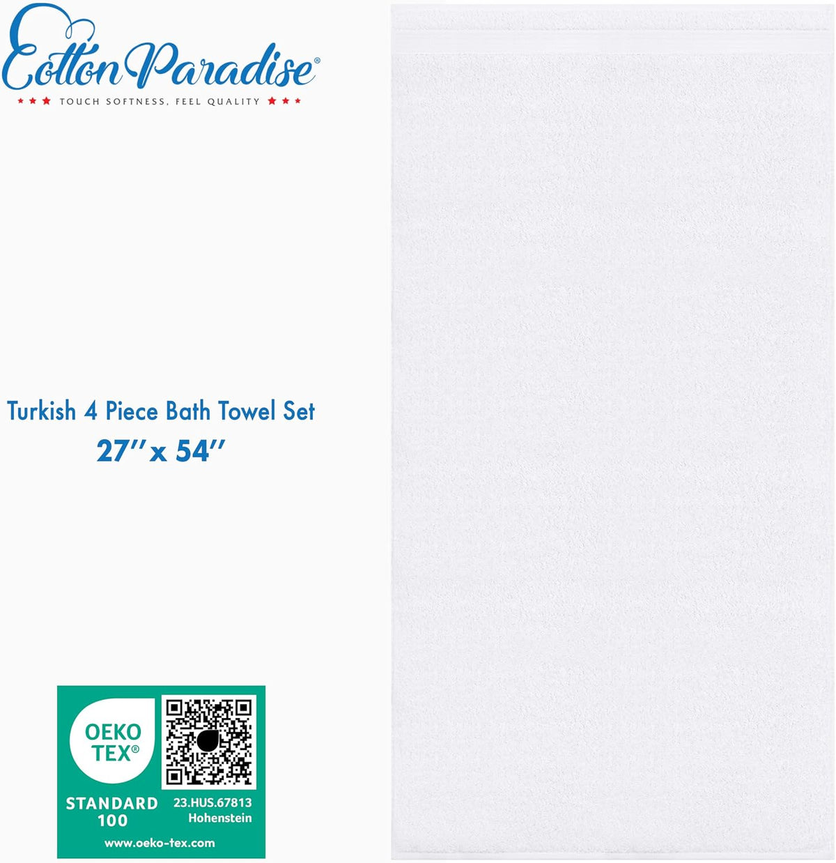 Cotton Paradise Turkish Towel Set, Soft Absorbent Quick Dry, 4 Piece Bath Towel Set, Snow White