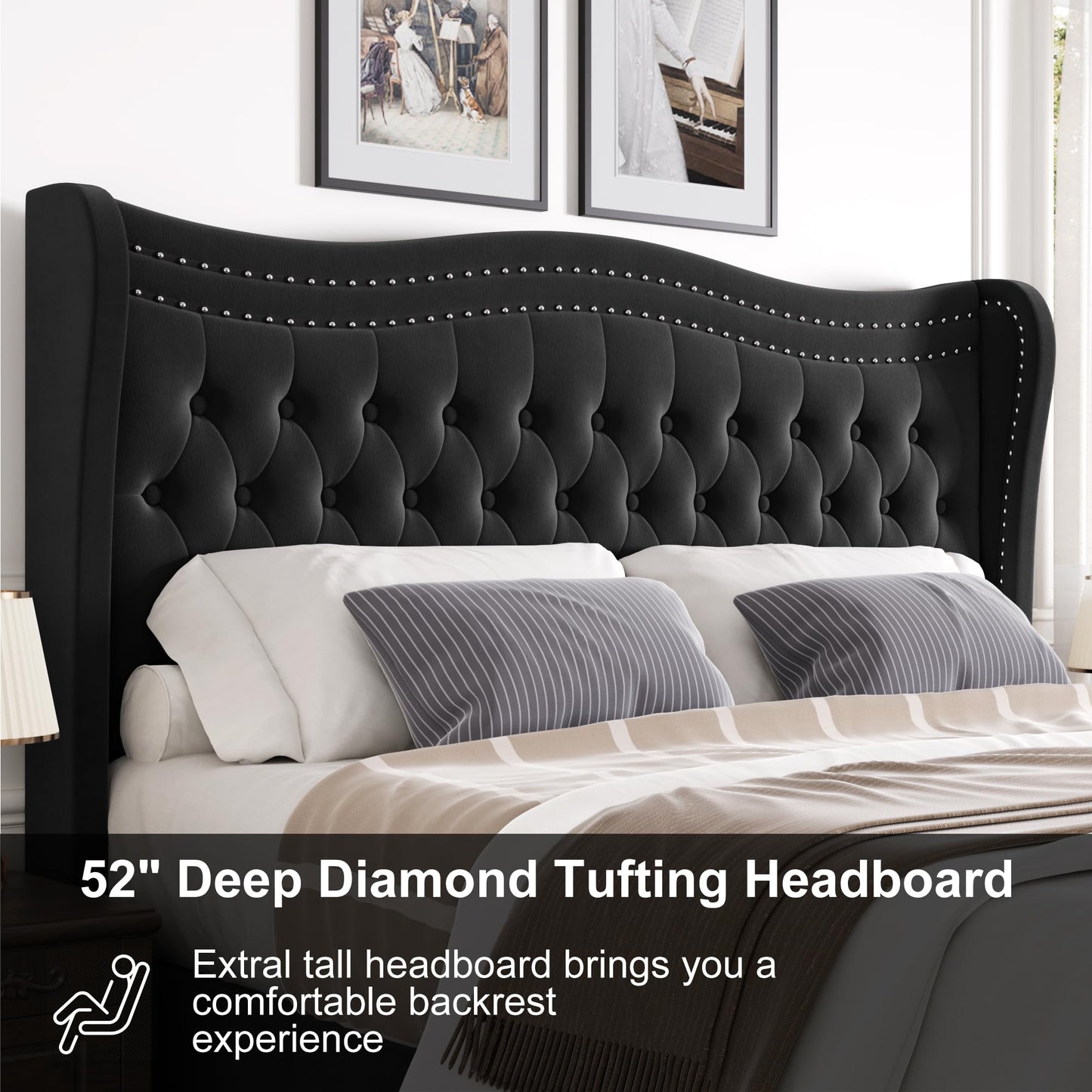 Generic Queen Bed Frame, 52"" Headboard Upholstered Bed with Tall Footbaord, Velvet Upholstered Deep Button Tufted Wingback Platform Bed, No Box Spring Required/Wood Slat Support/Black