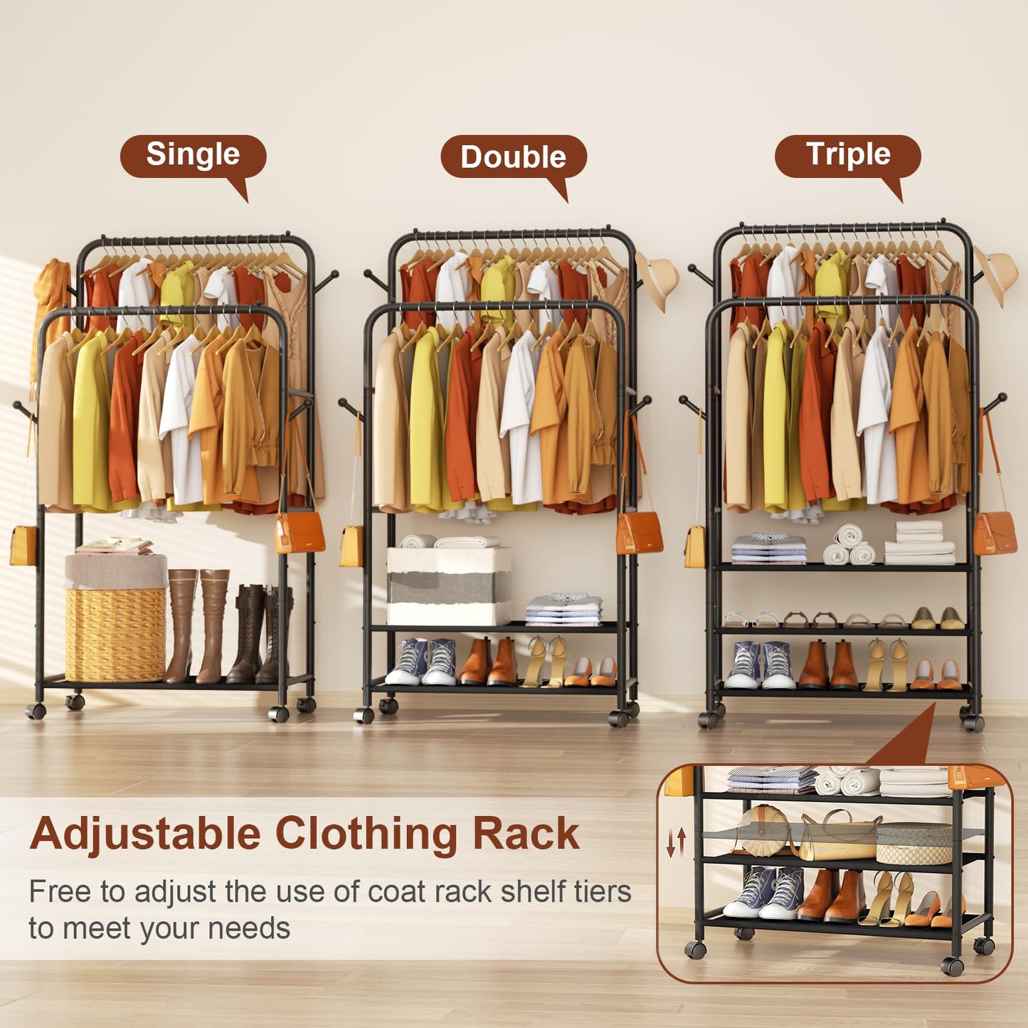 Furologee Clothes Racks for Hanging Clothes, Portable Rolling Garment Rack, Sturdy Metal Freestanding Cloths Racks with Wheels, Double Rods Wardrobe Rack for Bedroom Laundry Living Room