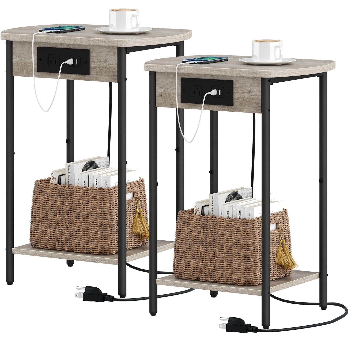 Hzuaneri End Tables with Charging Station, Narrow Side Tables Living Room, Nightstands Set of 2, Storage Bed Side Tables with USB Port & Outlet, Greige and Black ET14205B