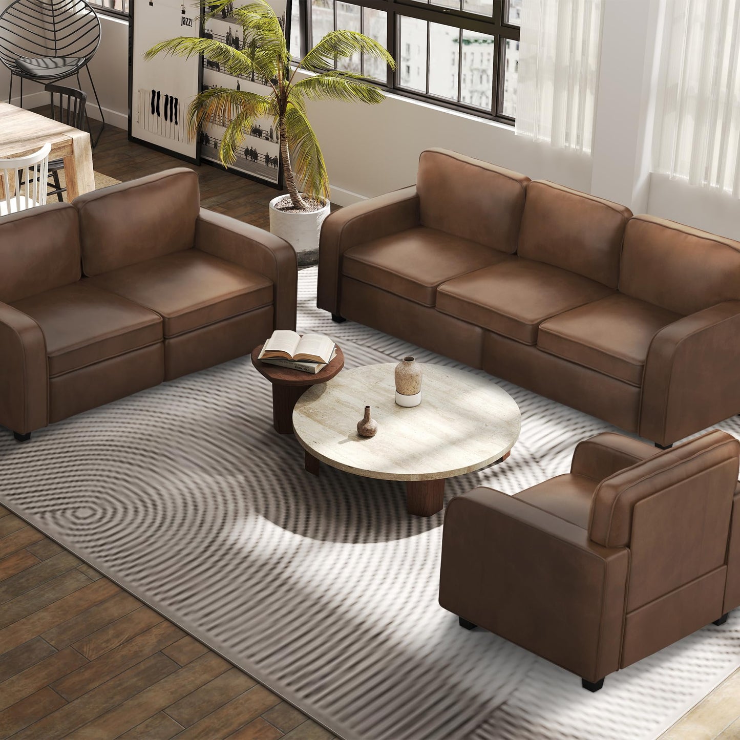 HXZDZ 83" PU Faux Leather Couch, Mid-Century Modern 3-Seat Sofa with Solid Wood Legs for Living Room, Bedroom, Office, Brown
