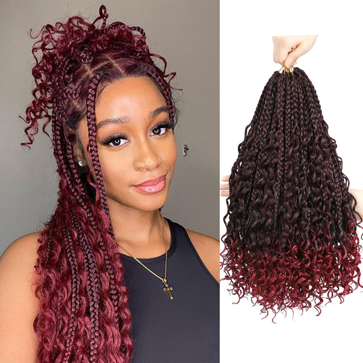 Goddess Box Braids Crochet Hair 14 inch 8Packs Pre Looped Boho Box Braids Braiding Hair Curly Ends Bohomian Crochet Box Braids (T/BUG#, 14 inch)