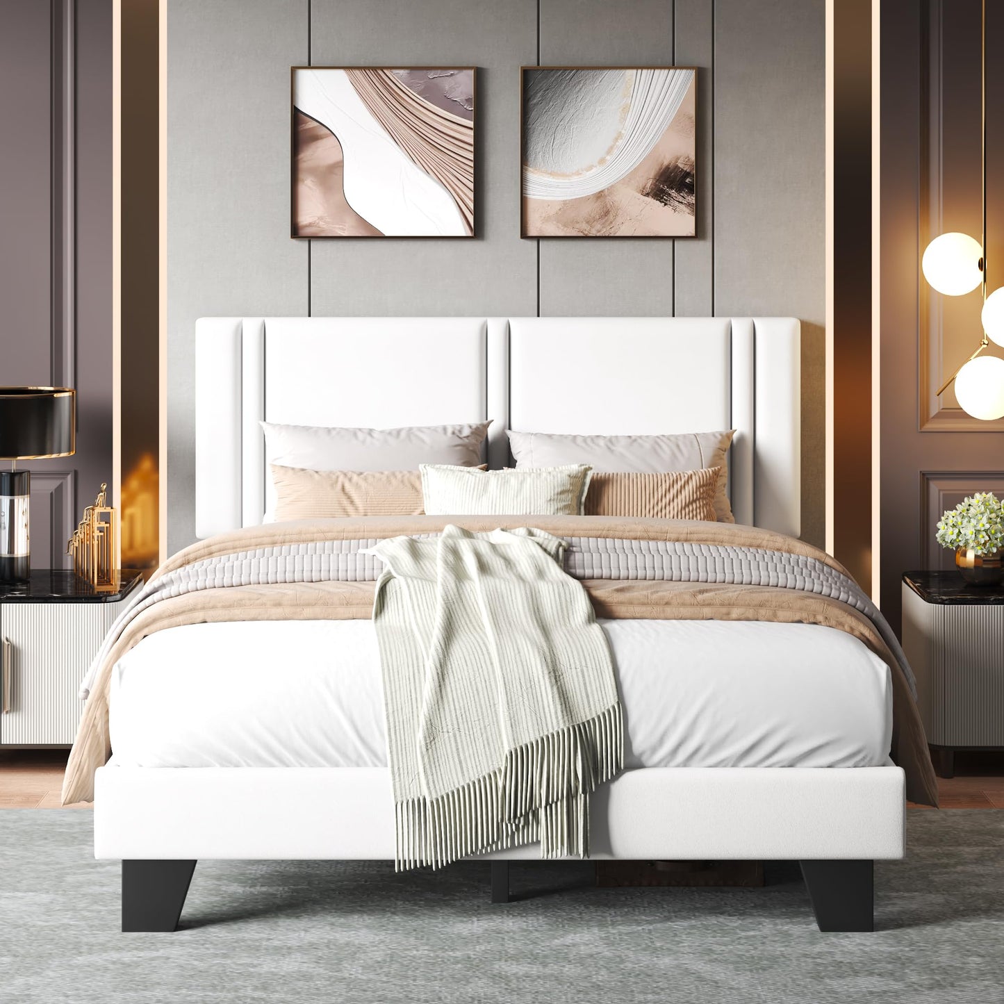 Einhomn Upholstered Full Size Bed Frame with Velvet Fabric Headboard, Strong Wooden Slats Support, Noise Free, No Box Spring Needed, White