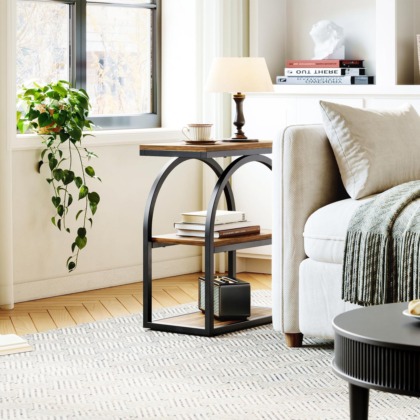LIKEMET Side Table, End Table with 3-Tier Storage, 25" Bedside Table with Arched Metal Frame, Industrial Nightstand for Living Room, Bedroom, Rustic Brown