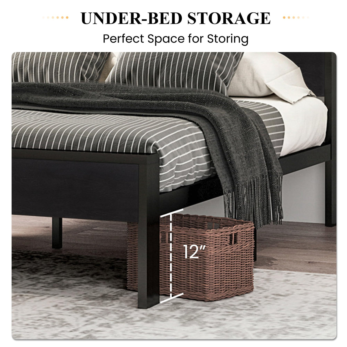 SHA CERLIN 14 Inch Queen Size Metal Platform Bed Frame with Wooden Headboard and Footboard, Mattress Foundation, No Box Spring Needed, Large Under Bed Storage, Non-Slip Without Noise, Black Oak