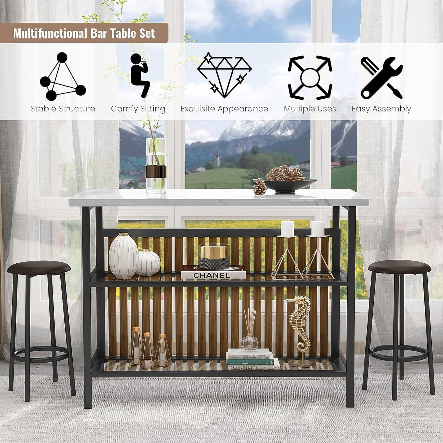 AWQM Kitchen Island with Seating & Storage Shelf, Modern Bar Table and Chairs Set for 2, Wooden Island Table for Kitchen, Dining Table Set for Small Space, White