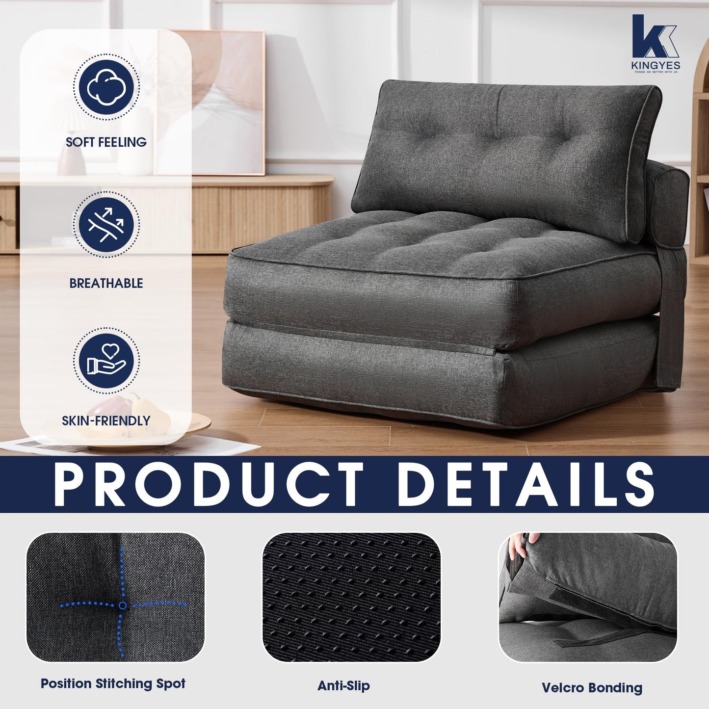 KINGYES Folding Sofa Bed, Convertible Sleeper Chair with Pillow for Adults, Foldable Single Futon Chair Floor Sofa Lounge for Living Room, Grey