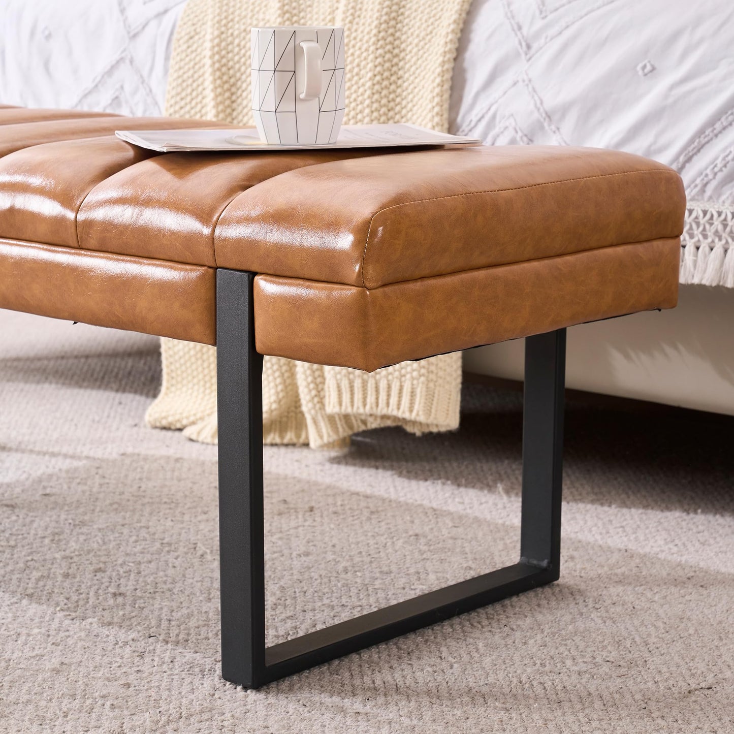 AIITTCC Faux Leather Ottoman Bench, Tufted Padded End of Bed Bench with Metal Legs, Upholstered Dining Table Bench Shoe Bench for Bedroom Living Room Entryway Window (Camel Brown, 46" Wide)