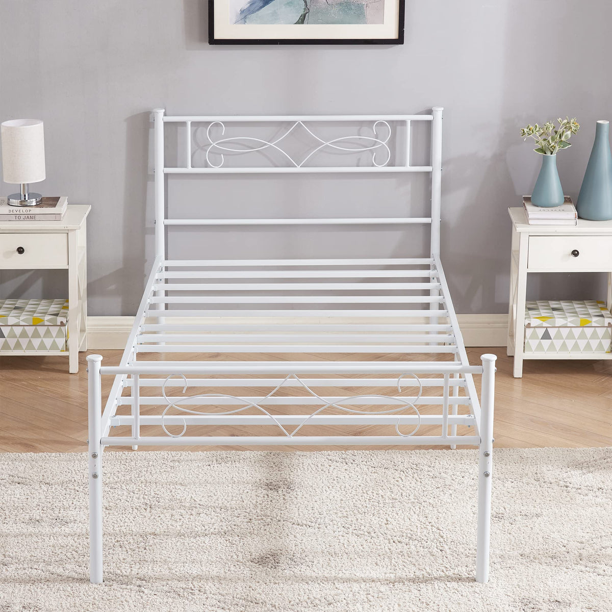 VECELO 14" Twin Size White Metal Platform Bed Frame with Headboard,Premium Steel Slat Support/No Box Spring Needed/Noise-Free/Easy Assembly