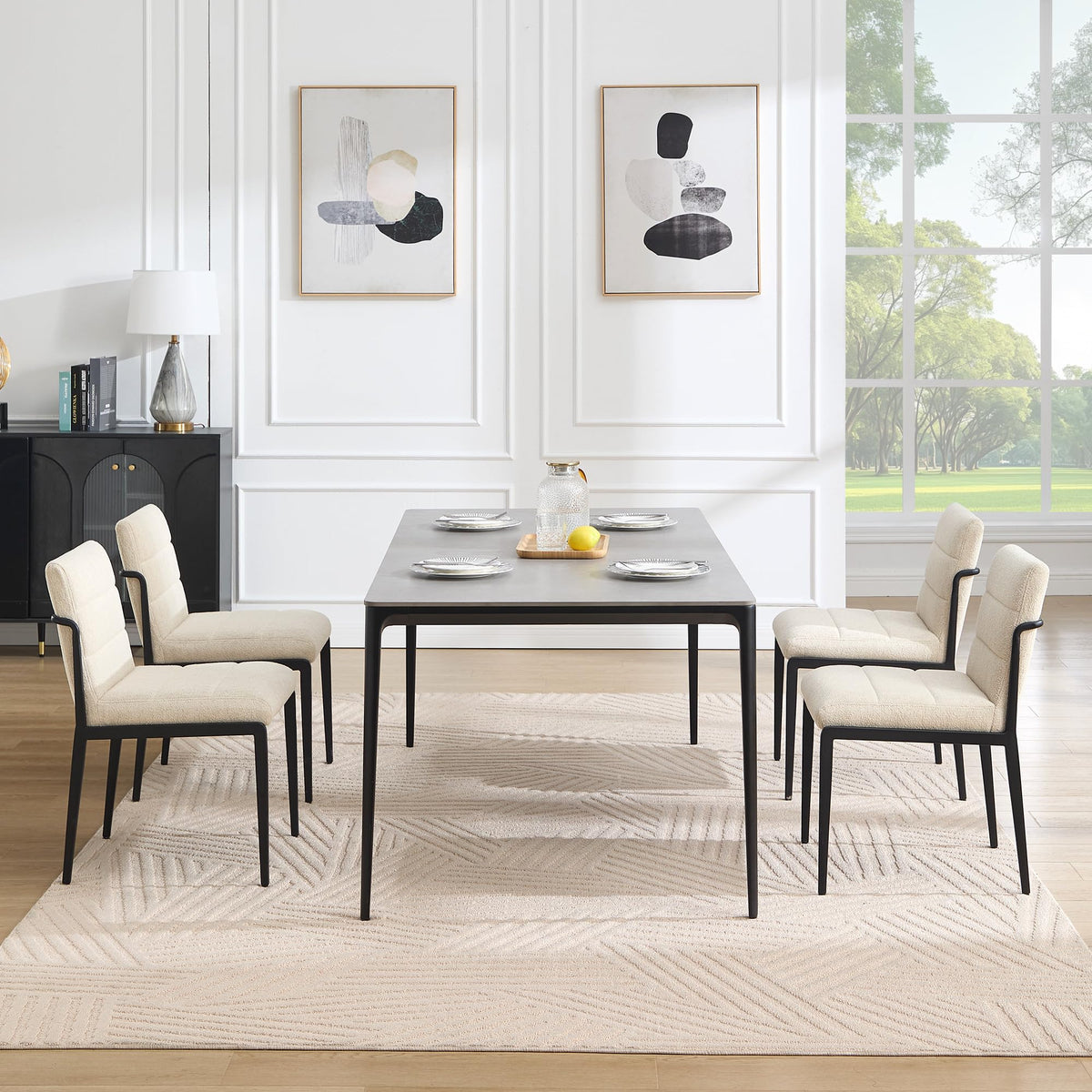 Flouki Modern Dining Chairs Set of 4, Upholstered Linen Kitchen Chairs with Wide Seating, Mid Century Dining Room Chairs with Thick Foam Padded on Backs, Sturdy Metal Legs, Beige