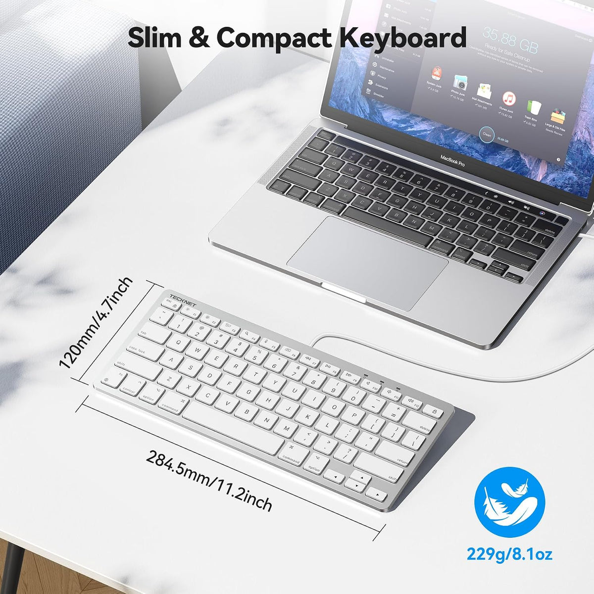 TECKNET Wired Keyboard for MacOS Devices with Dual Interface, Slim Mac Keyboard, Comfortable Ergonomic Typing Angle & Stable Connection for PC/Laptop, Compatible with MacBook, iMac, Mac mini/Pro