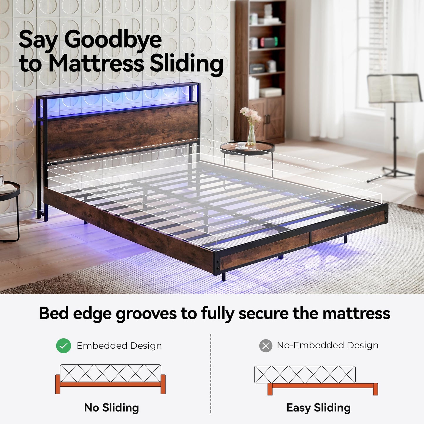BedsPick Full Size Bed Frame with 2-Tier Storage Headboard, Sturdy Metal Platform Bed Frame with Charging Station & LED Lights, Noise-Free/Metal Support/No Box Spring Needed, Rustic Brown