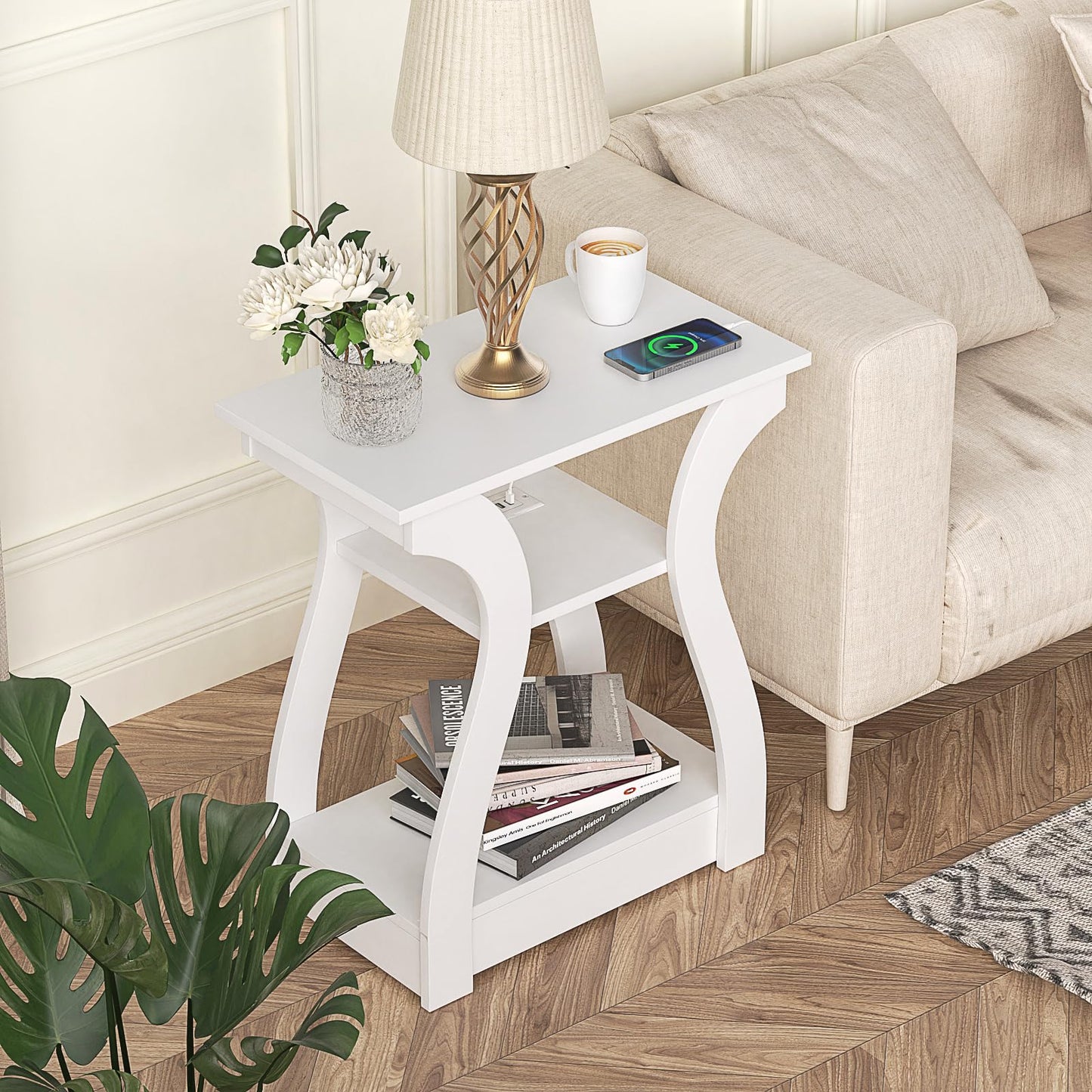 FROMJBEST End Table with Charging Station, Side Table with USB Ports and Outlets, 3 Tier Nightstand Sofa Table for Small Spaces, Beside Table with Storage Shelf for Living Room, Bedroom