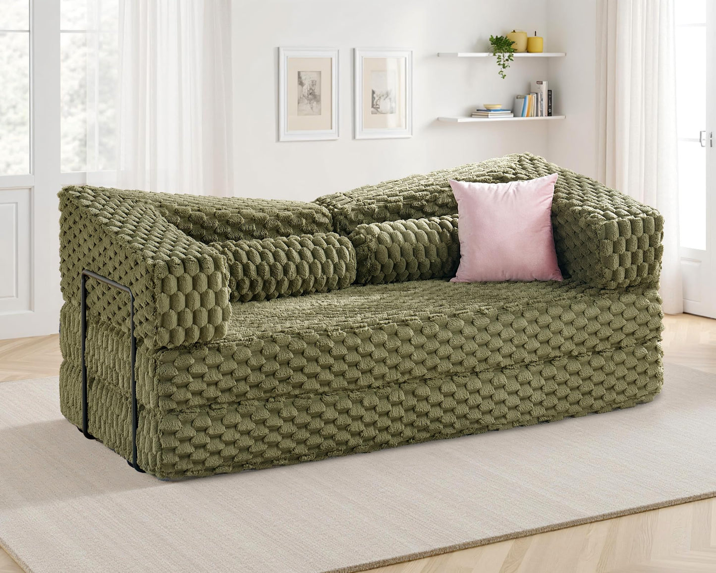 VanAcc Foldable Sofa Bed, Convertible Floor Sofa with Plush Faux Fur, No Assembly Mattress Couch for Living Room, Apartment, Bedroom, Green