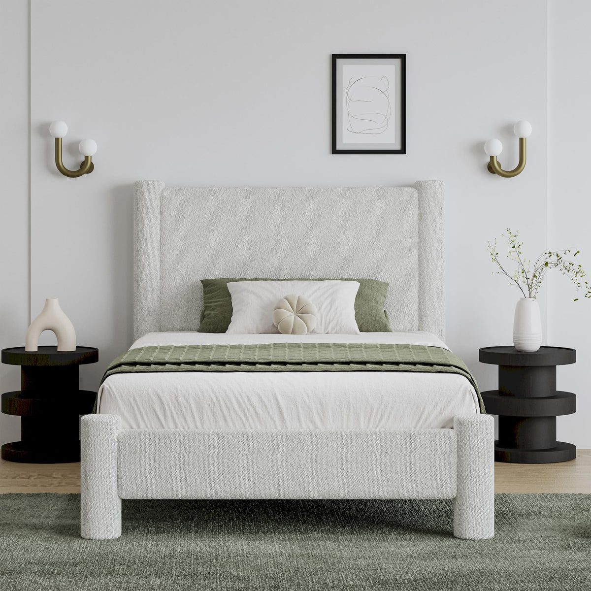 Twin Size Bed Frame, Boucle Upholstered Platform Bed with Headboard and Footboard, Soft Rounded Corners, No Box Spring Required, Easy Assembly, White