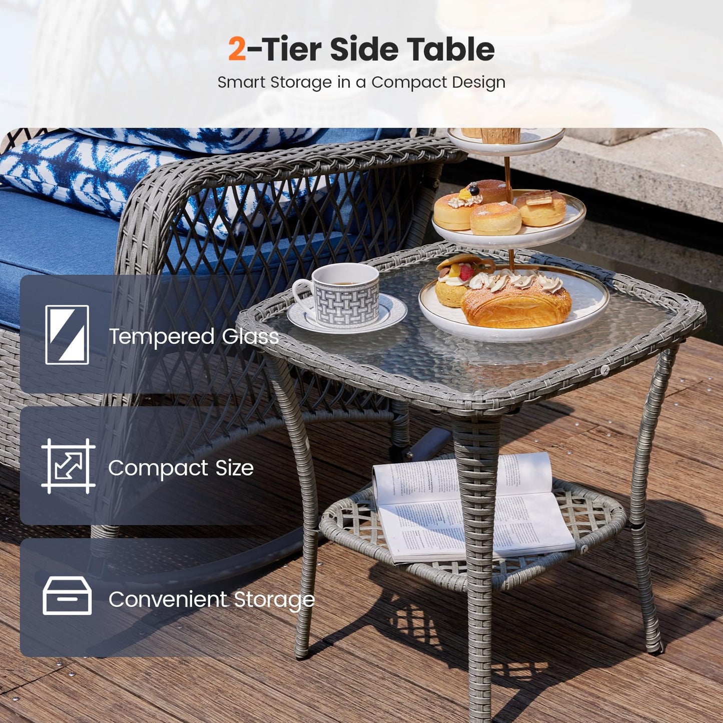 UDPATIO 3 Piece Patio Rocking Chair Set, Wicker Rocking Bistro Set with 2 Rockers and 1 Side Table with 4‘’ Thick Cushions for Backyard, Porch, Balcony, Poolside, Grey/Blue